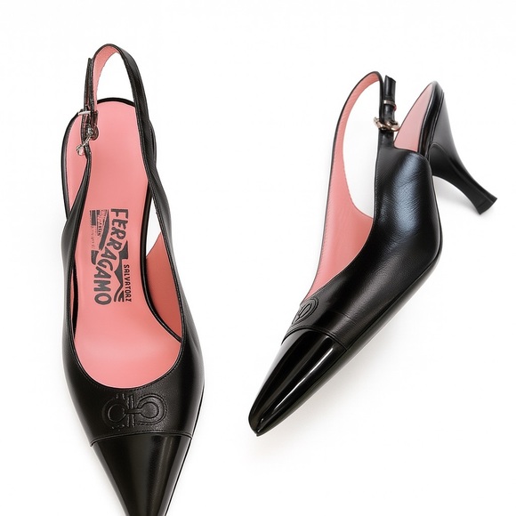 Salvatore Ferragamo Black kitten sling back Heels size 6 Y2K mules pointed toe - Picture 1 of 8